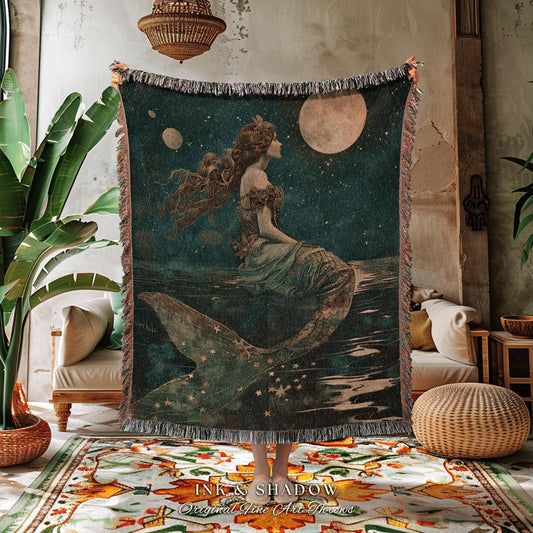 Sea Queen Bed Throw Blanket | Dark Cottagecore Bedroom Celestial Throw Ethereal Aesthetic Tapestry Sirencore Decor Witchy Art Fairy Grunge