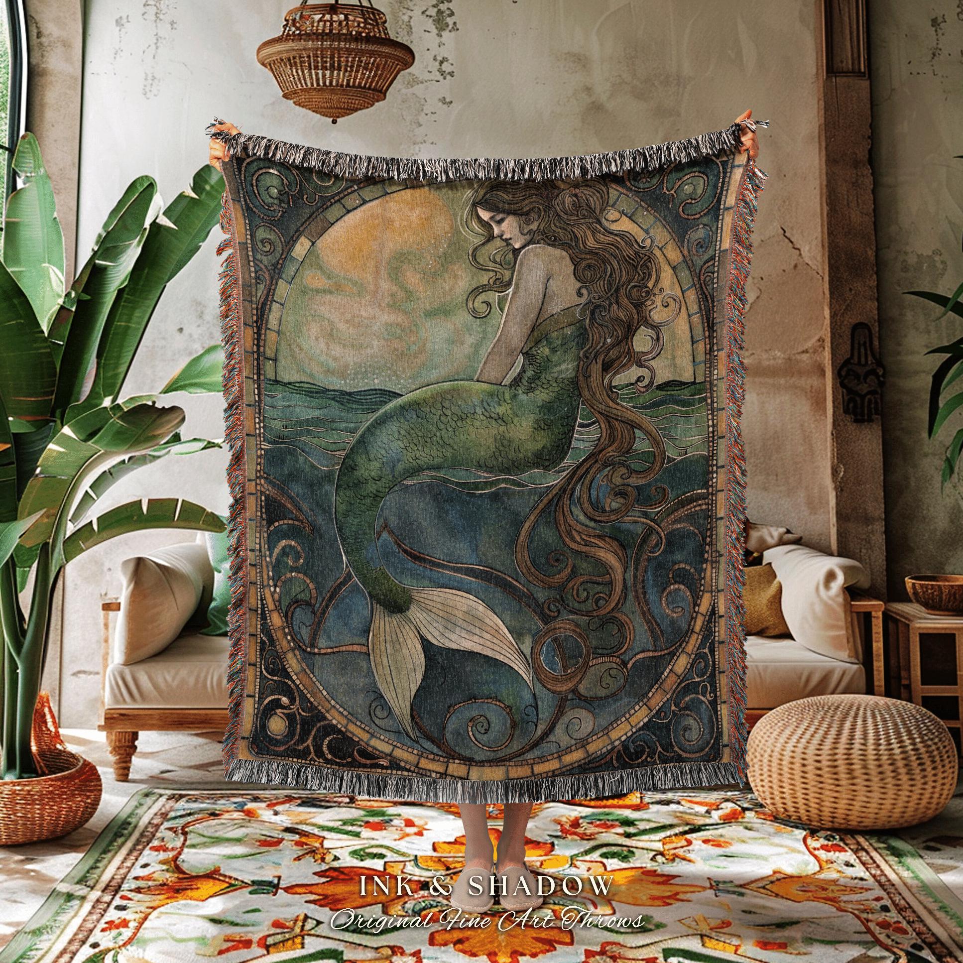 Medieval Mermaid Boho Blanket | Mermaid Aesthetic Bedroom Celestial Witch Tapestry Fairycore Decor Art Nouveau Fairy Decor Dark Academia