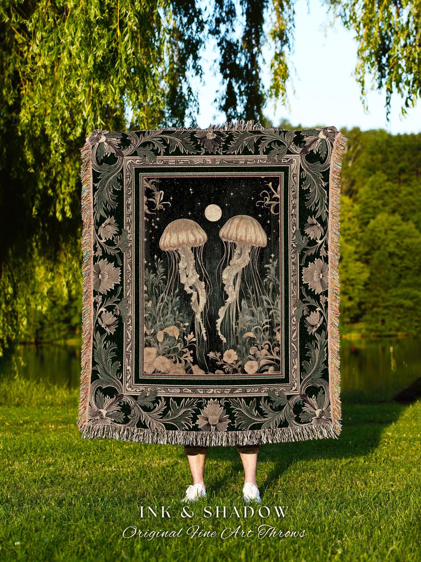 Ethereal Ocean Gothic Jellyfish Blanket | Victorian Floral Cottagecore Eclectic Whimsigothic Dark Floral Woven Tapestry Nautical Sea Life |