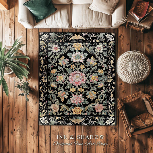 Flowery Bedroom Accent Rug | Dark Floral Aesthetic Victorian Living Room Home Decor Rustic Housewarming Gift Cottagecore Bedroom Floor Mat |