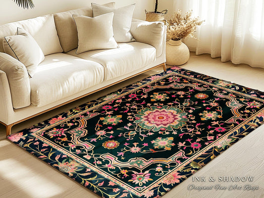 Pink Persian Mosaic Floral Rug Turkish Floral Dark Cottagecore Aesthetic Rug Common Room Home Decor Housewarming Gift Floral Bedroom Mat