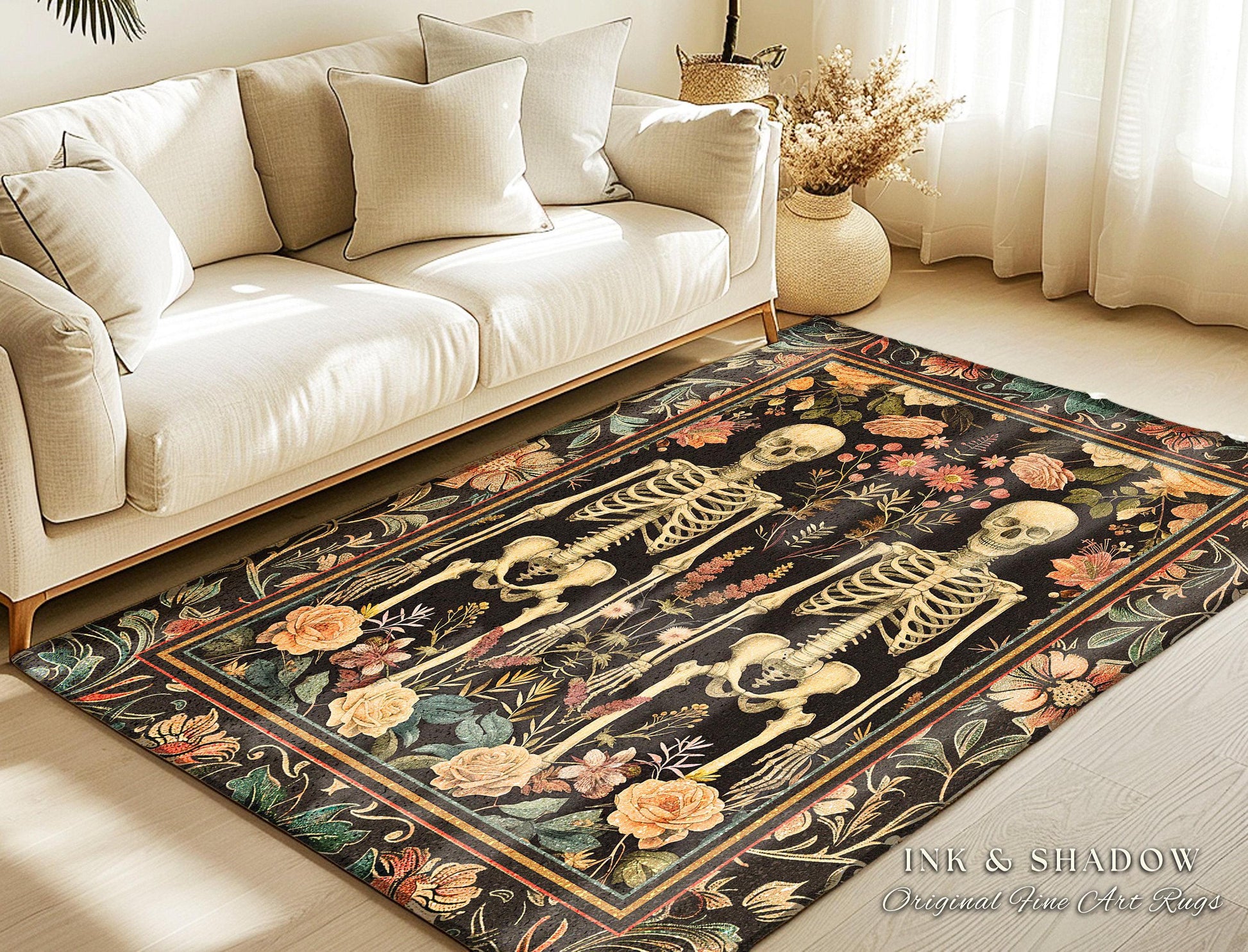 Boho Fairycore Floral Gothic Skeleton Rug | Soft Cottagecore Skeleton Lovers Gift Botanical Boho Area Rug Light Academia Fairycore Decor Rug