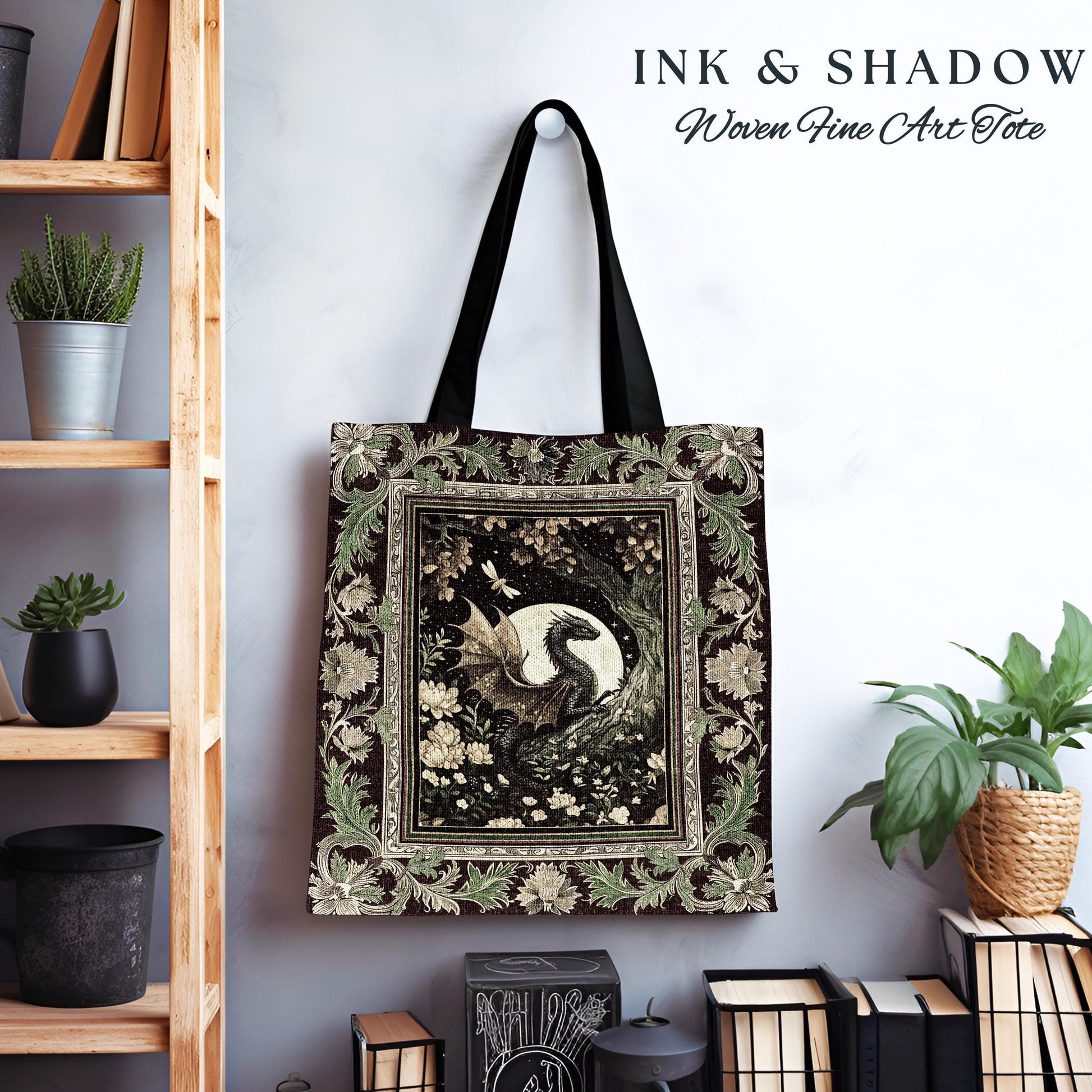 Woodland Gothic Dragon Tote Mystical Forest Green Full Moon Celestial Magic Fantasy Art | Whimsigothic Enchanted Fairytale Tapestry Bag |