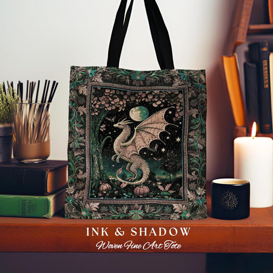 Witchy Whimsigothic Enchanted Night Moonlit Mystic Dragon Tote Celestial Fairytale Tapestry Bag, Mythical Fantasy Forestcore Art Decor Gift