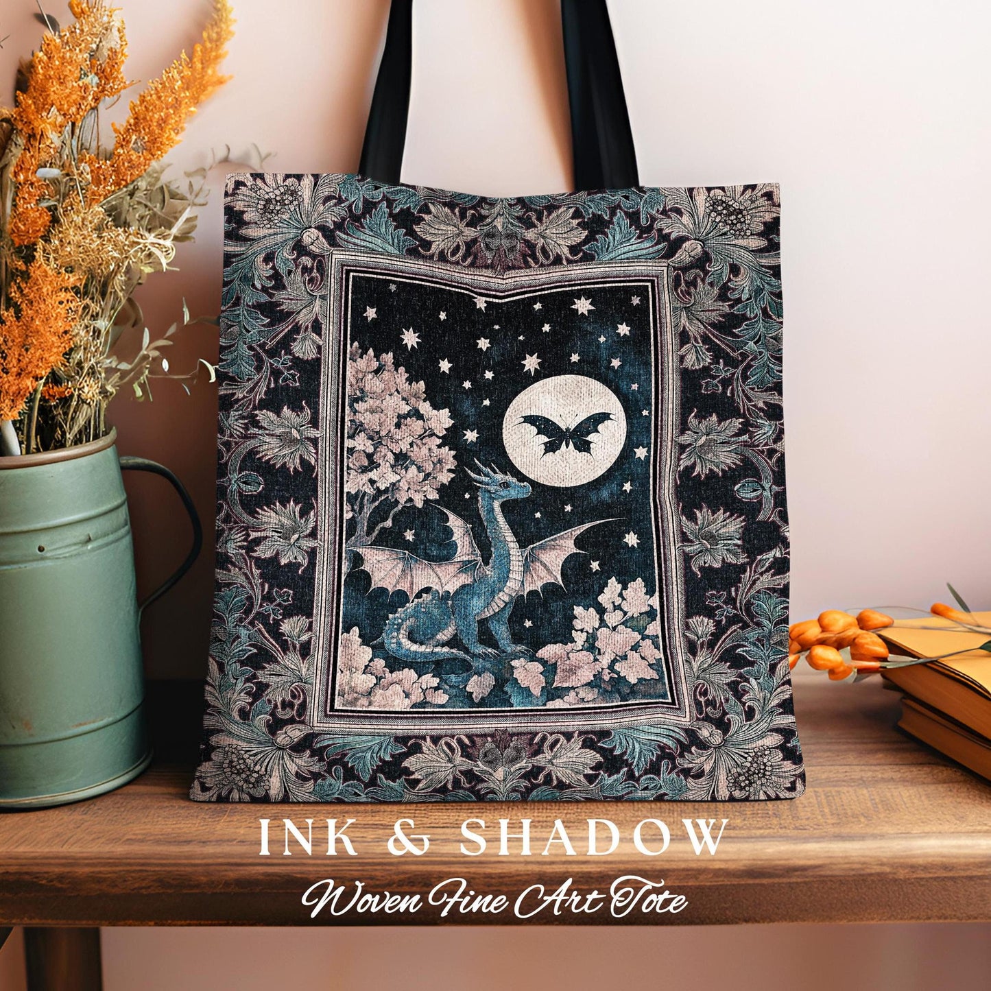 Enchanted Fall Forest Celestial Dragon Bag Whimsical Starry Night Tote | Magical Woodland Goblincore Mystical Moon Fairytale Ethereal Art