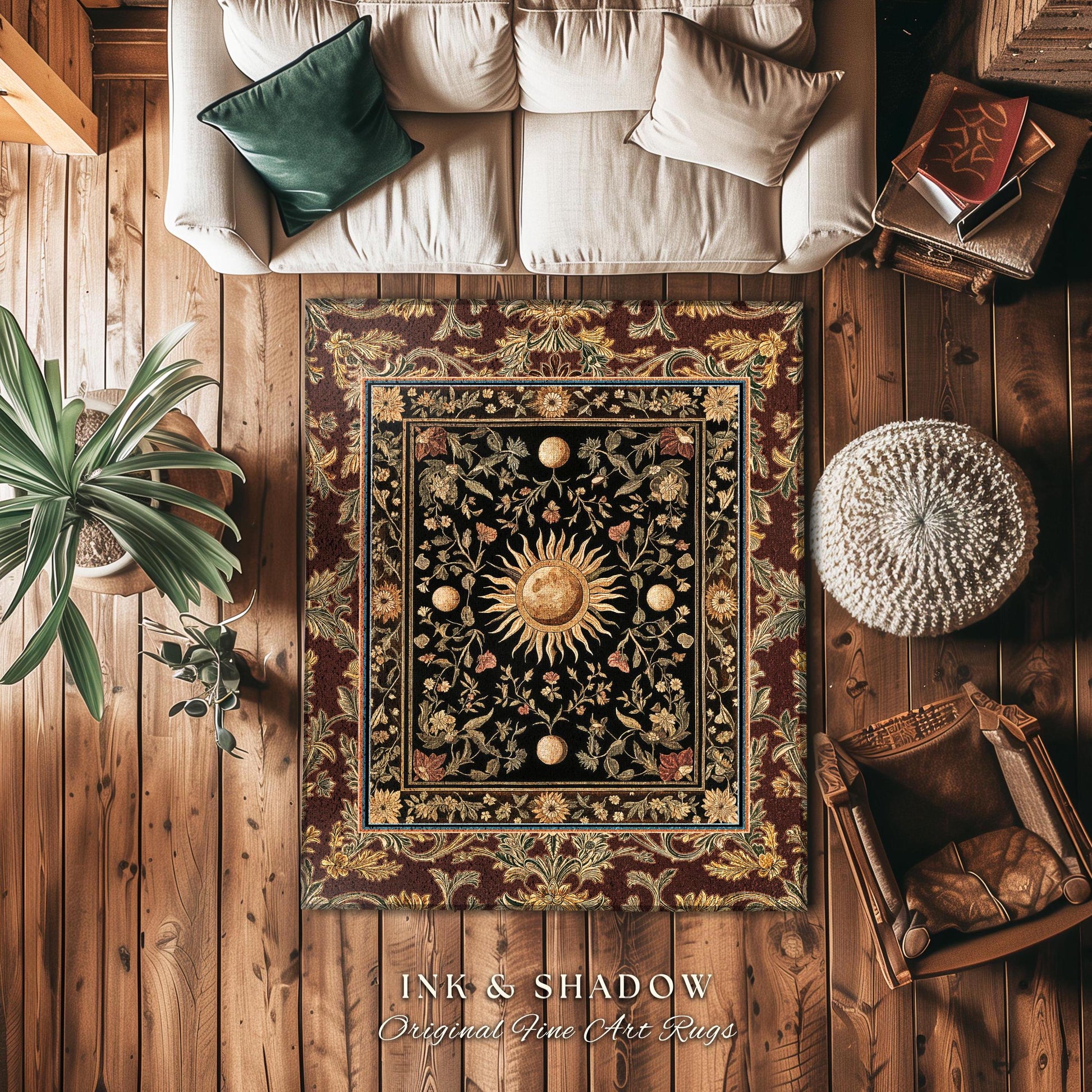 Dark Skies Celestial Area Rug | Enchanted Celestial Witchy Astrology Boho Maximalist Decor Sun and Moon Tarot Inspired Gothic Home Accent