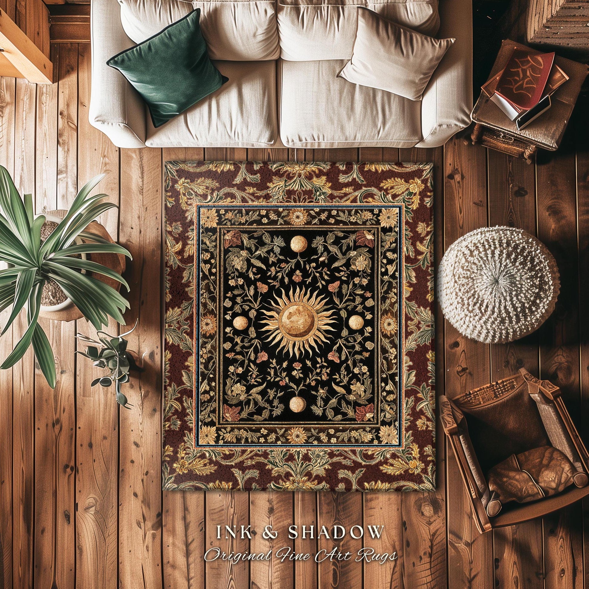 Regal Rococo Skies Celestial Area Rug | Enchanted Celestial Witchy Astrology Boho Maximalist Decor Sun and Moon Tarot Inspired Gothic Accent
