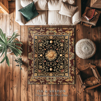Regal Rococo Skies Celestial Area Rug | Enchanted Celestial Witchy Astrology Boho Maximalist Decor Sun and Moon Tarot Inspired Gothic Accent