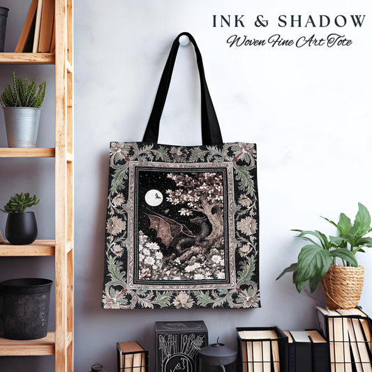 Dreamscape Tote Bag Twilight Dragon Dark Floral Enchanted Victorian Gothic Art Decor | Mystic Forest Whimsical Folklore Magic Tapestry Bag