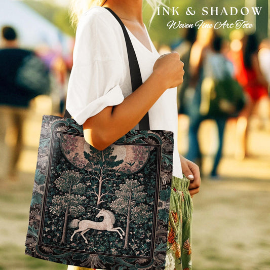Moonlit Forest Mystical Unicorn Tapestry Bag Medieval Fairycore Decor | Renaissance Whimsical Gothic Aesthetic Woven Shoulder Bag Forestcore