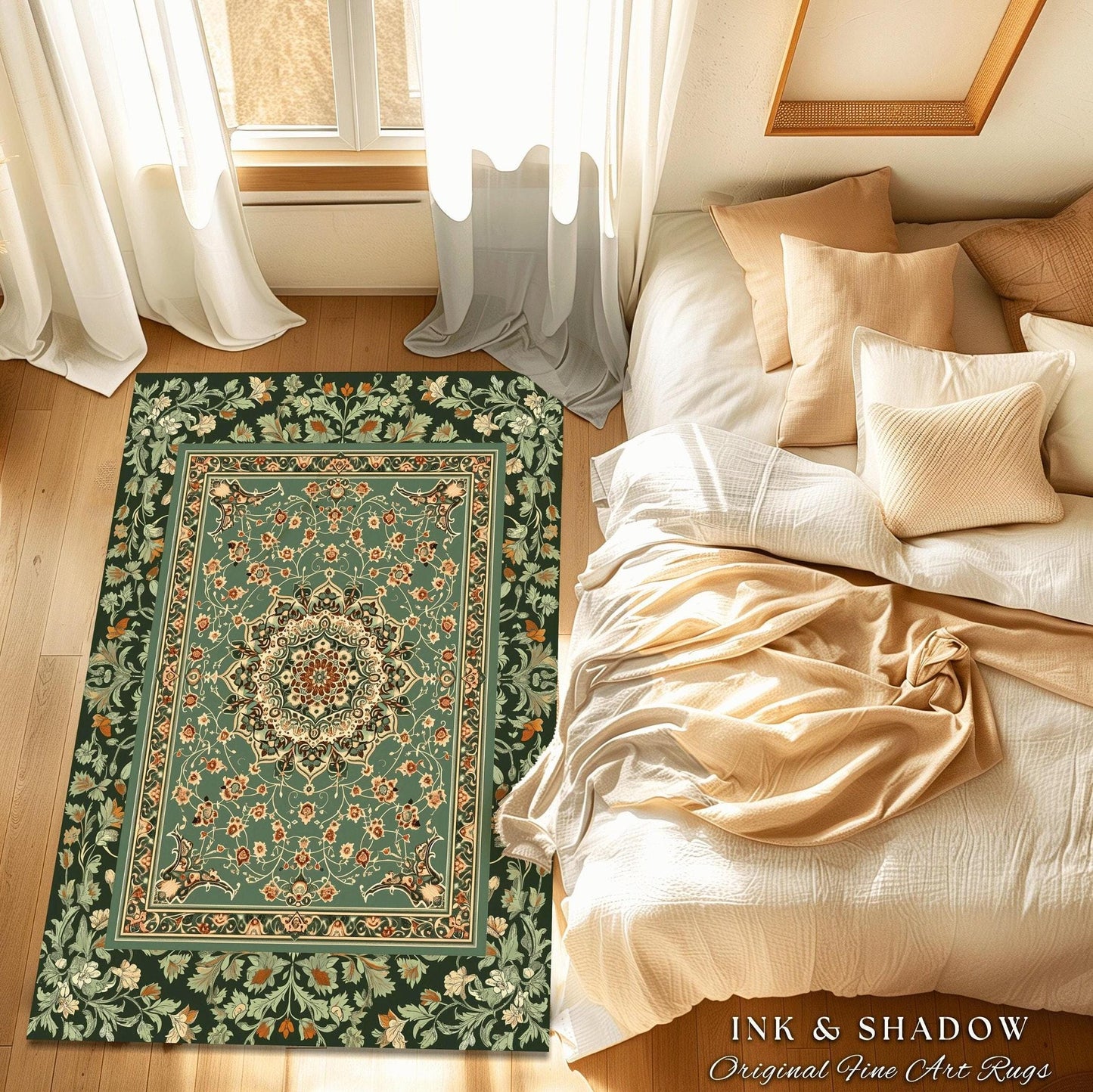 Folklore Aesthetic Round Living Room Rug | Classic Ornate Victorian Rug with Seafoam Green Detail Accent Bohemian Aesthetic Reading Nook |