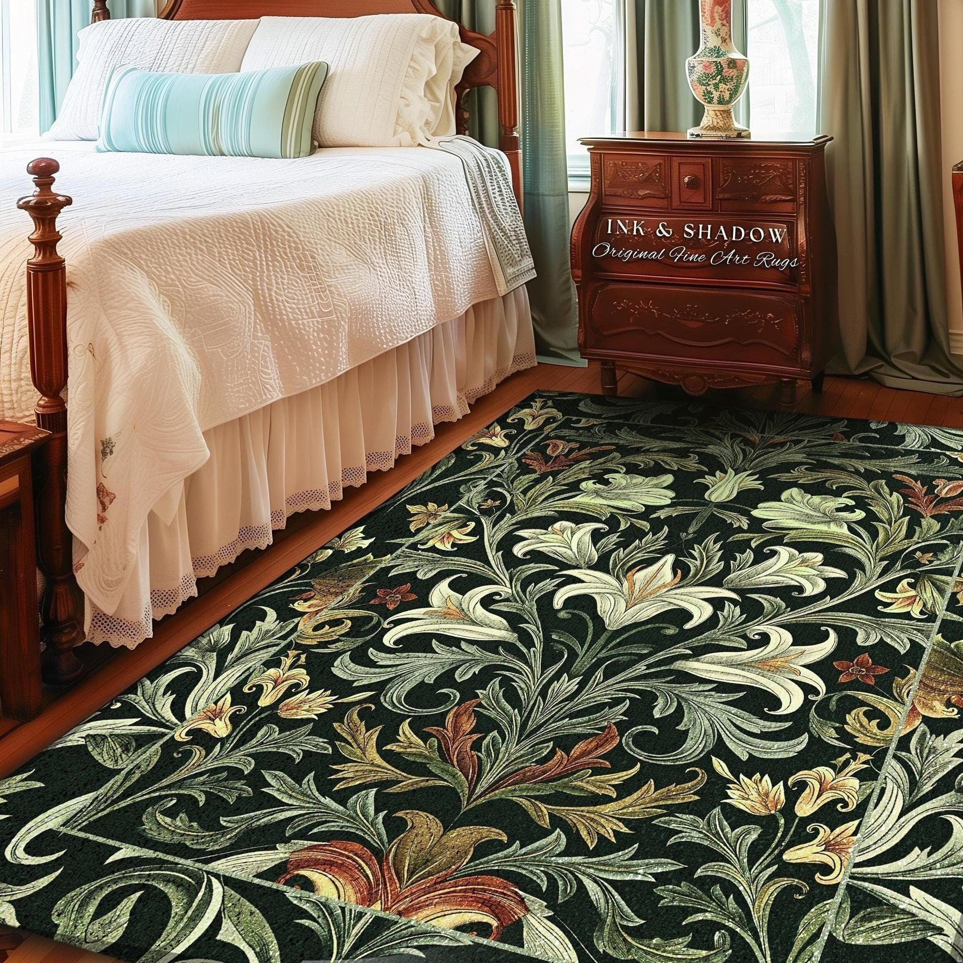 Emerald Green Floral Dark Botanical Runner Art Deco Rug Whimsical Cottagecore Home Decor | Elegant Nature Inspired Woodland Wildflower Rug