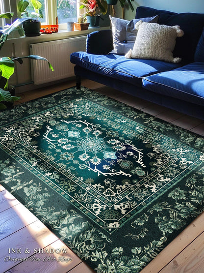 Deep Sea Green Room Accent Rug | Classic Ornate Statement Rug With Blue Green Detail Bohemian Mandala Aesthetic For Cozy Hippie Room Boho |