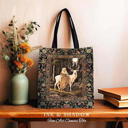 Enchanting Forest Spirit Tapestry Bag | Magical Meadow Fairycore Tote Ethereal Woodland Princess Renaissance Aesthetic Gothic Deer Woods |