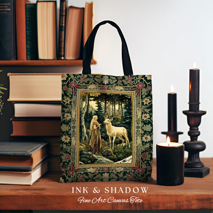 Emerald Forest Spirits Woven Tapestry Bag | Botanical Elegance Woodland Spirits Dark Green Tote Goth Fairycore Romantic Woven Witchy Bag |