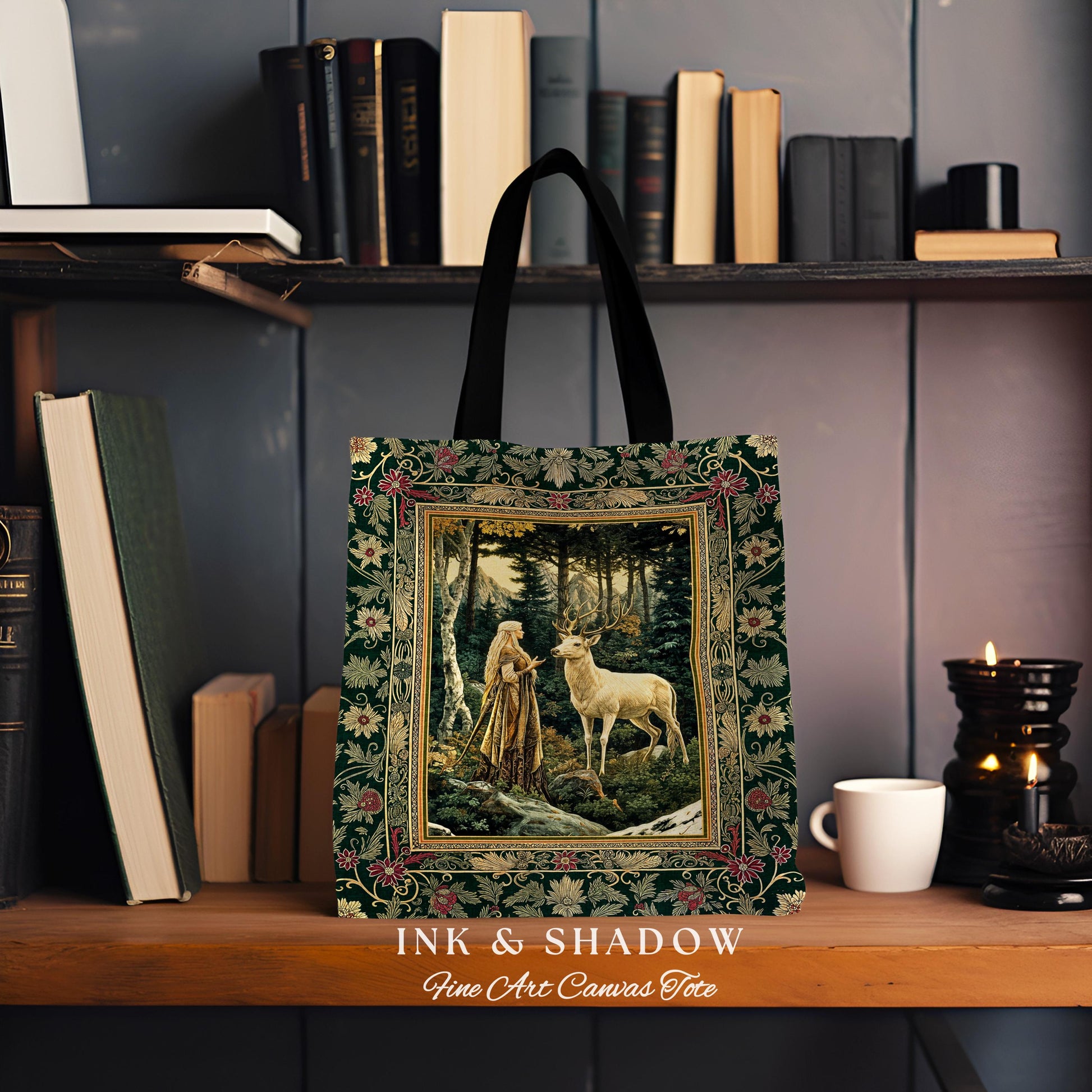 Emerald Forest Spirits Woven Tapestry Bag | Botanical Elegance Woodland Spirits Dark Green Tote Goth Fairycore Romantic Woven Witchy Bag |