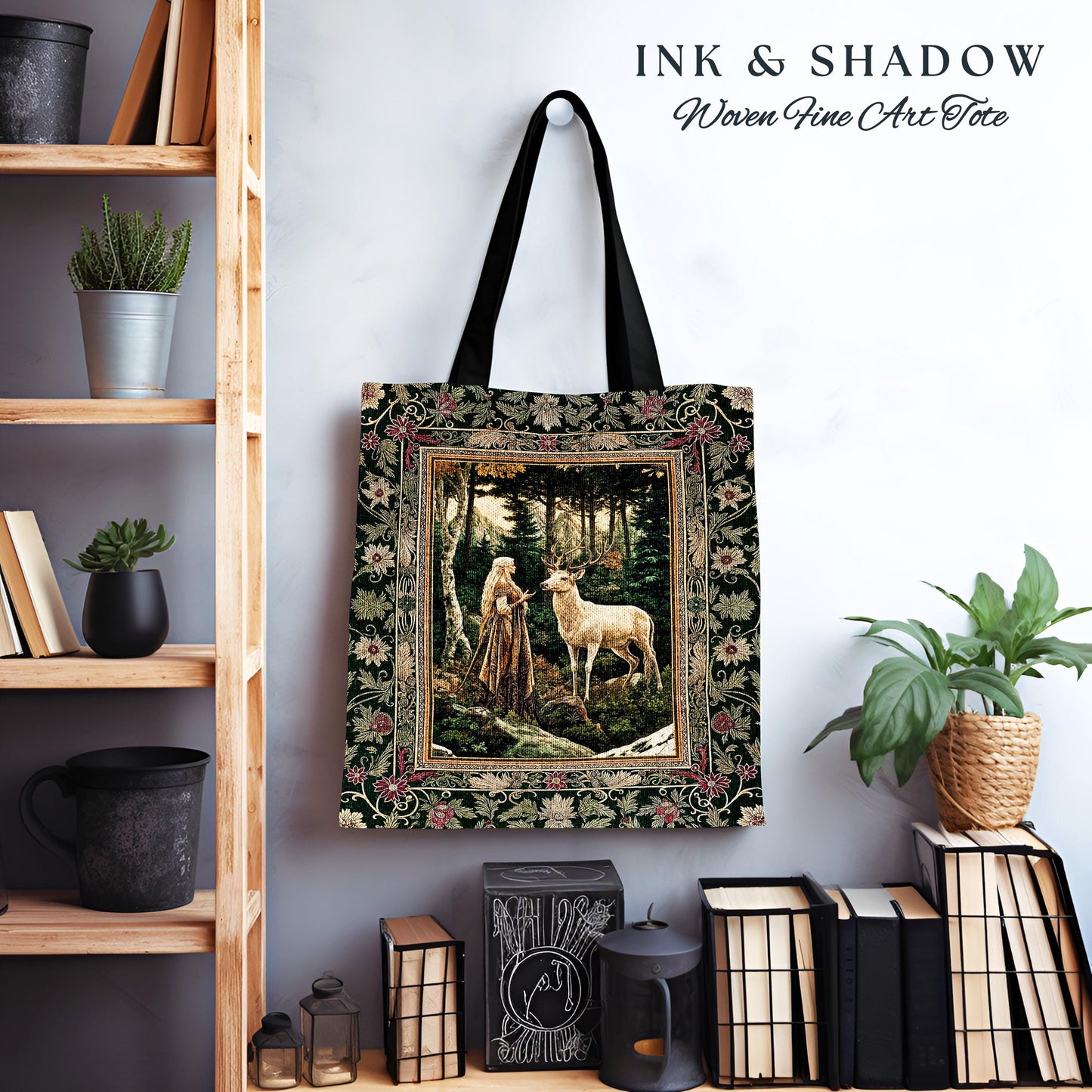 Emerald Forest Spirits Woven Tapestry Bag | Botanical Elegance Woodland Spirits Dark Green Tote Goth Fairycore Romantic Woven Witchy Bag |