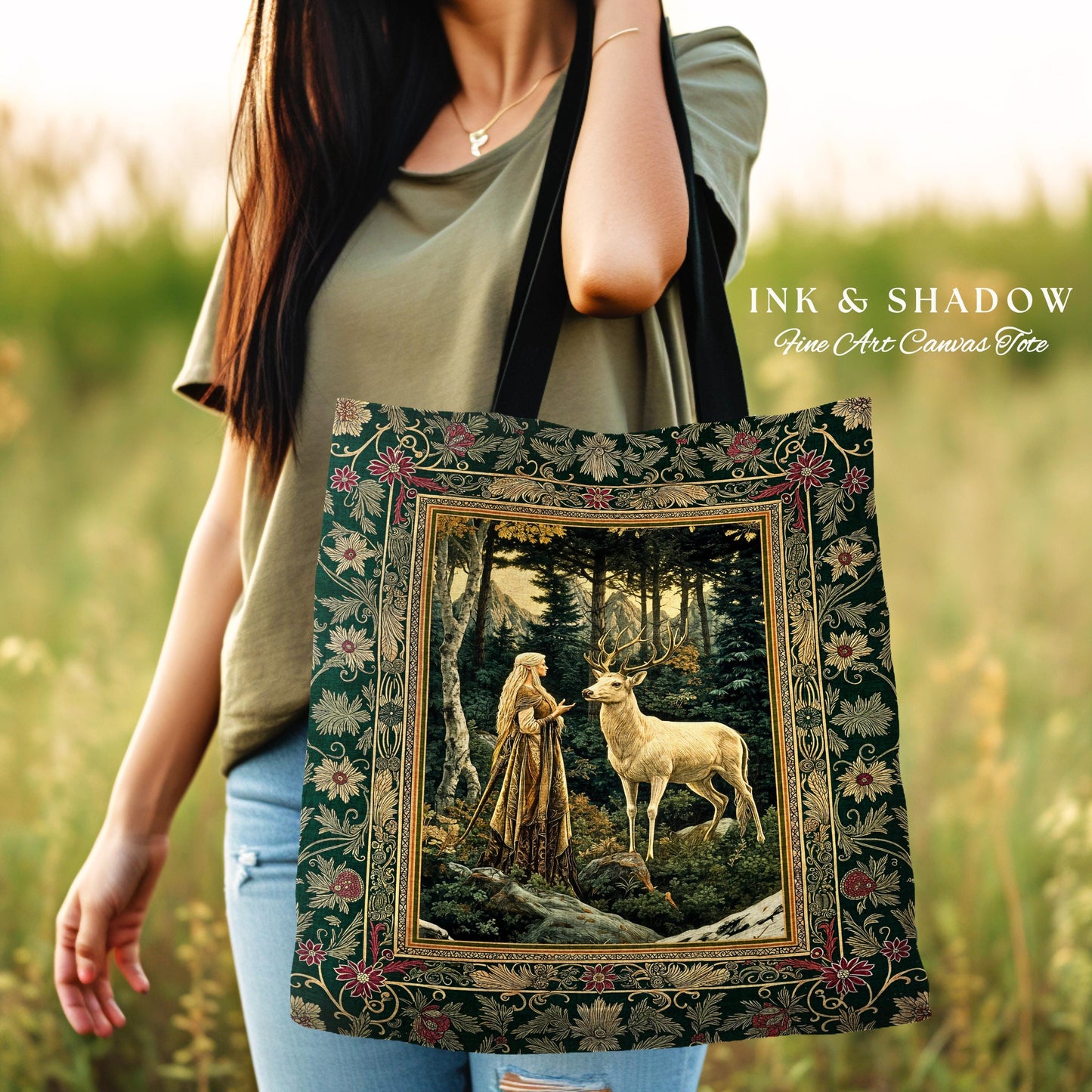 Emerald Forest Spirits Woven Tapestry Bag | Botanical Elegance Woodland Spirits Dark Green Tote Goth Fairycore Romantic Woven Witchy Bag |