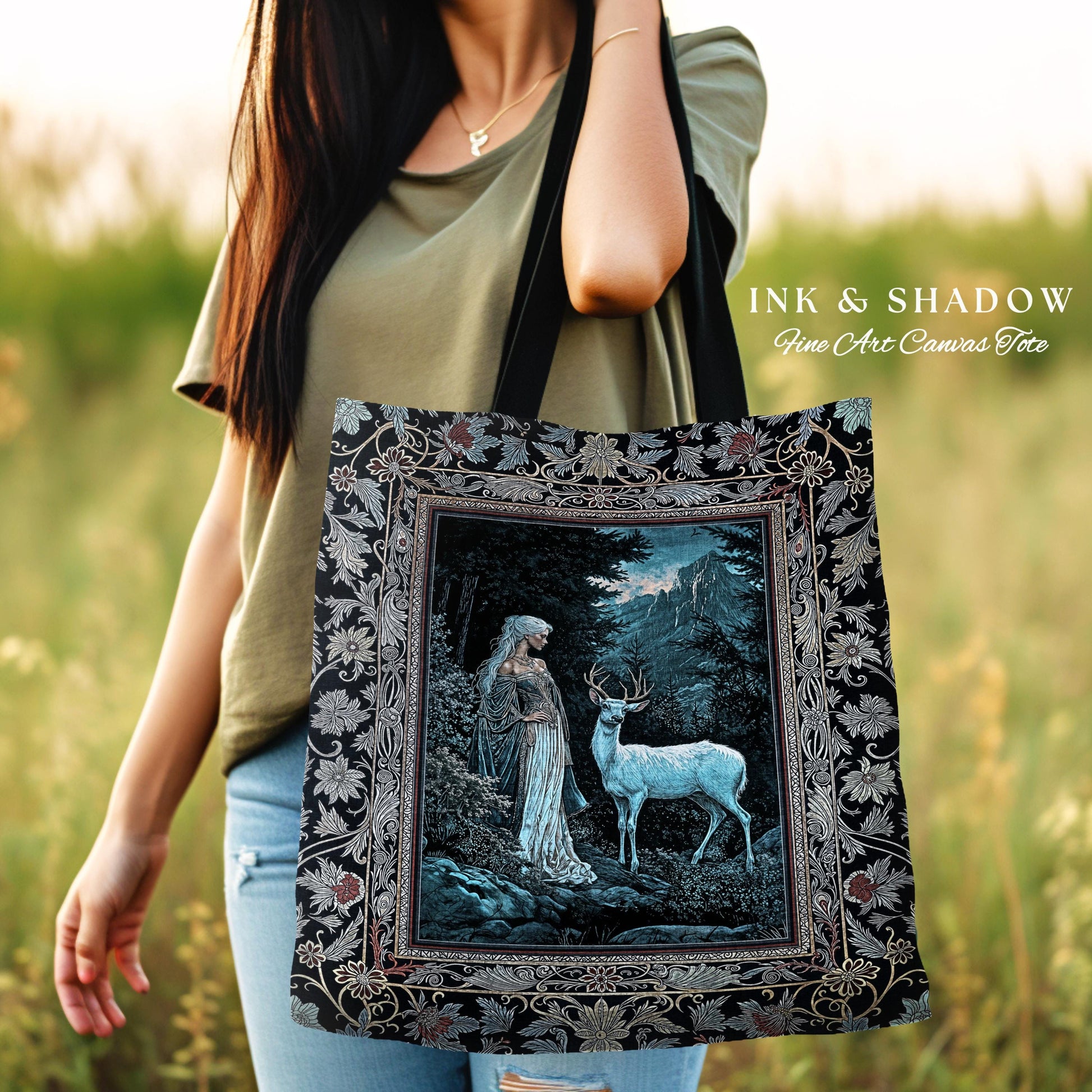 Dreamy Aesthetic Folklore Tapestry Bag | Moody Landscape Dreamy Woodland Gothic Nature Spirit Woven Tote Botanical Fantasy Cottagecore Deer