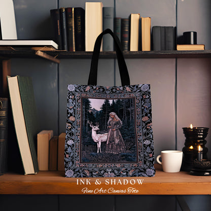 Gothic Forest Spirit Tapestry Tote | Dark Academia Storybook Aesthetic Witchy Baroque Bedroom Decor Forest Nymph Whimsigothic Fantasy Bag |