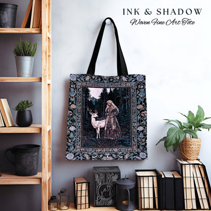 Gothic Forest Spirit Tapestry Tote | Dark Academia Storybook Aesthetic Witchy Baroque Bedroom Decor Forest Nymph Whimsigothic Fantasy Bag |