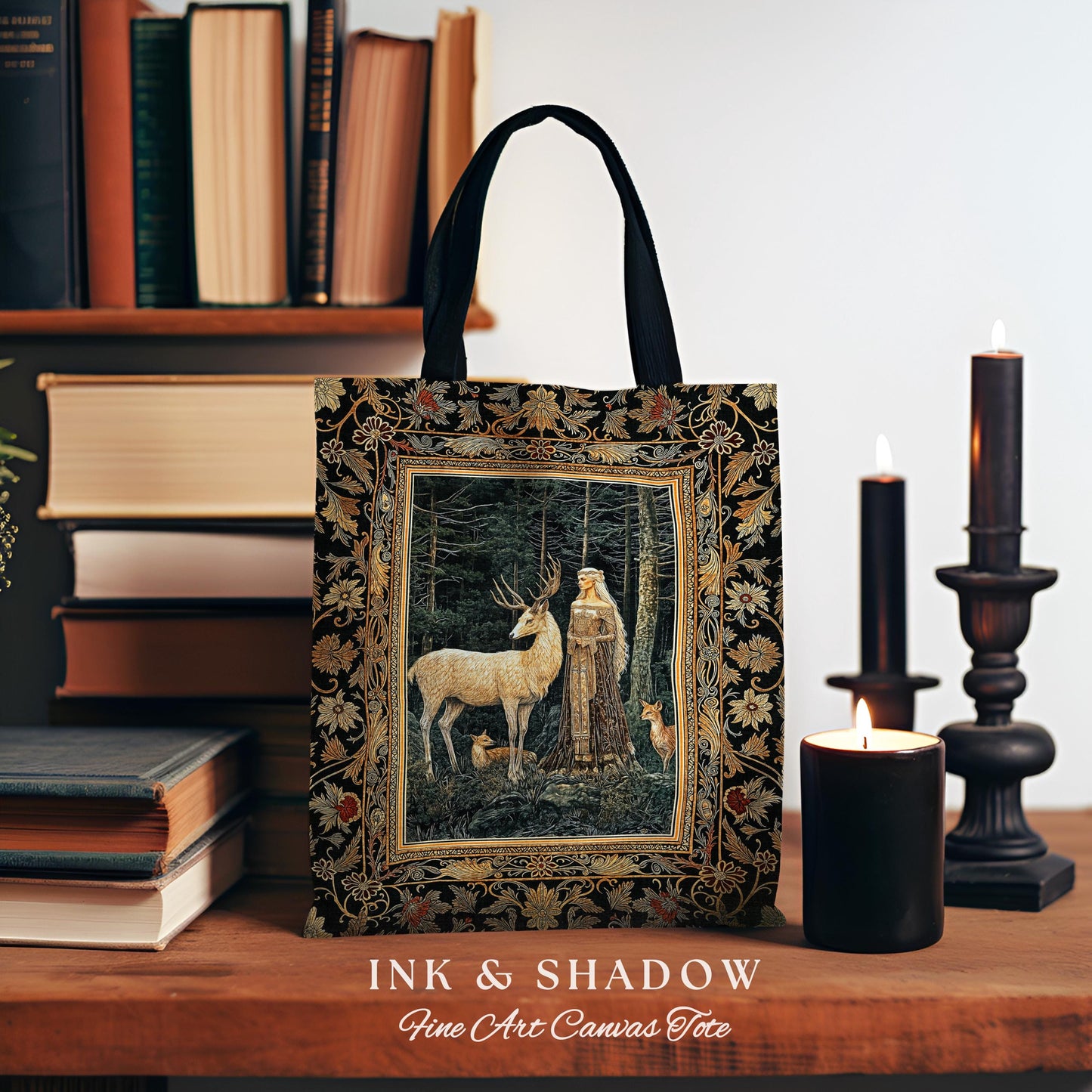 Dark Renaissance Woodland Everyday Tote | Elegant Fairycore Tapestry Bag Mythic Landscape Gothic Forest Spirit Animal Blanket Forest Nymph