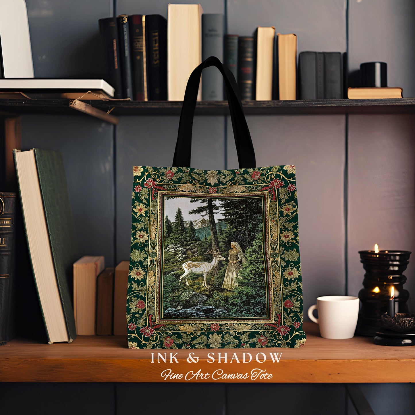 Fairytale Forest Fantasy Woven Tote | Woodland Whimsy Nymph Tapestry Bag Emerald Green Dark Fairycore Romantic Victorian Gothic Botanical |