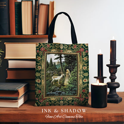 Fairytale Forest Fantasy Woven Tote | Woodland Whimsy Nymph Tapestry Bag Emerald Green Dark Fairycore Romantic Victorian Gothic Botanical |