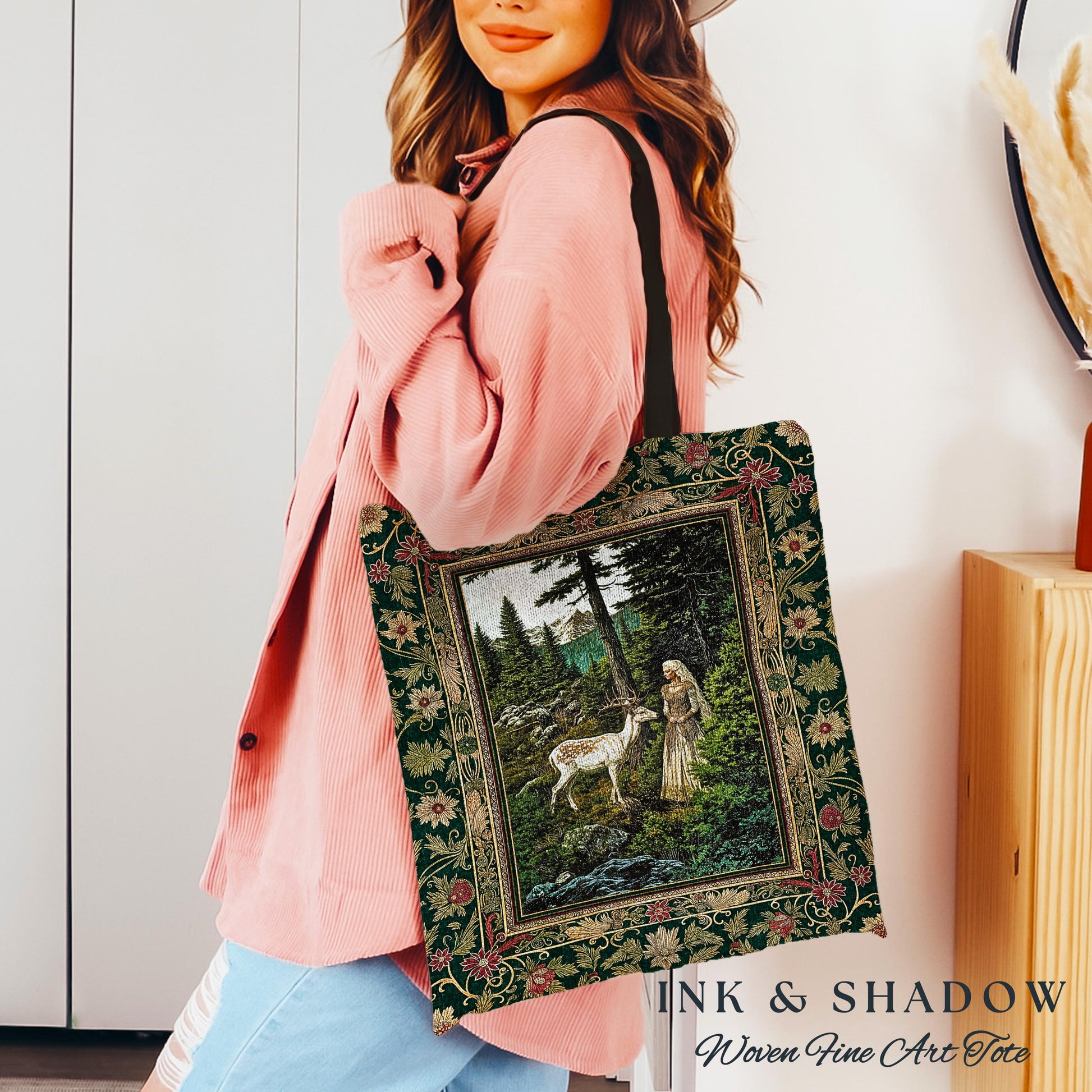 Fairytale Forest Fantasy Woven Tote | Woodland Whimsy Nymph Tapestry Bag Emerald Green Dark Fairycore Romantic Victorian Gothic Botanical |