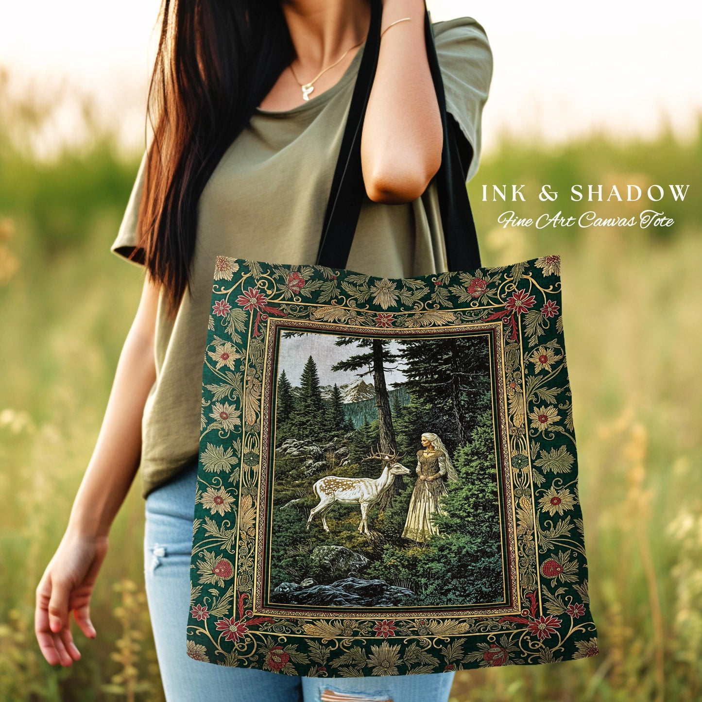 Fairytale Forest Fantasy Woven Tote | Woodland Whimsy Nymph Tapestry Bag Emerald Green Dark Fairycore Romantic Victorian Gothic Botanical |