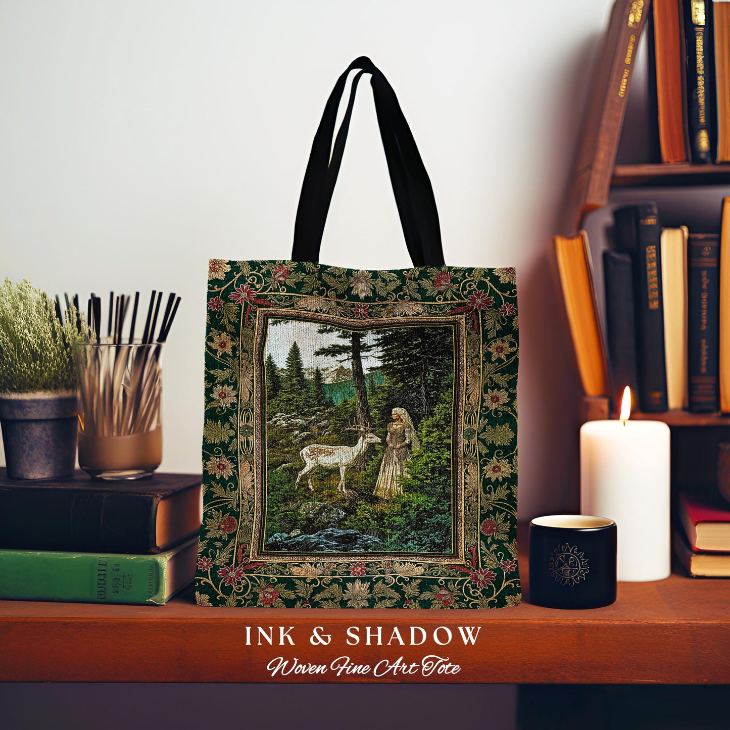 Fairytale Forest Fantasy Woven Tote | Woodland Whimsy Nymph Tapestry Bag Emerald Green Dark Fairycore Romantic Victorian Gothic Botanical |