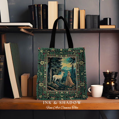 Faerie Realm Mystic Forest Tapestry Bag | Enchanted Gothic Landscape Dark Academia Nature Spirits Woven Tote Renaissance Magical Deer Art |