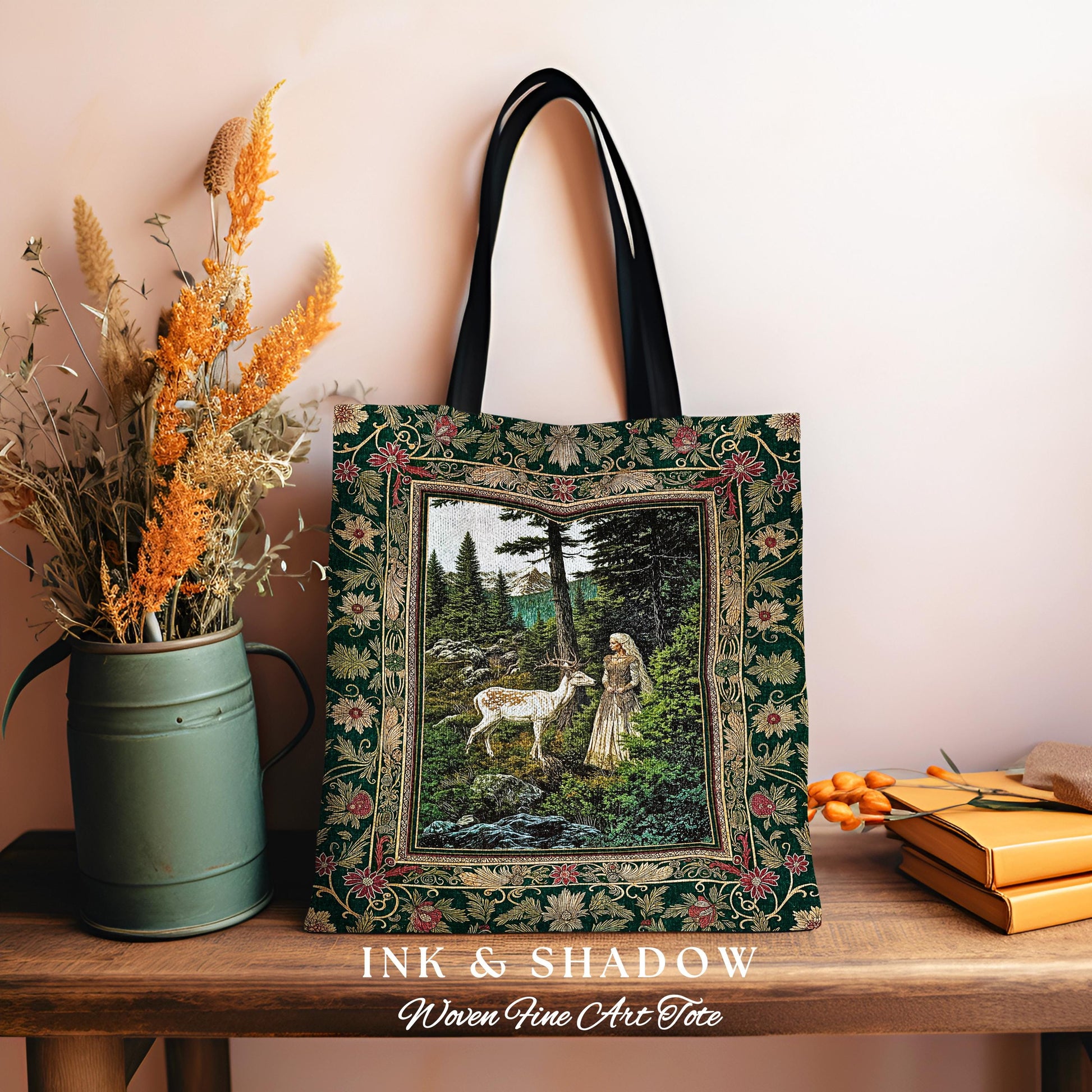 Fairytale Forest Fantasy Woven Tote | Woodland Whimsy Nymph Tapestry Bag Emerald Green Dark Fairycore Romantic Victorian Gothic Botanical |