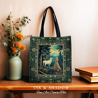 Faerie Realm Mystic Forest Tapestry Bag | Enchanted Gothic Landscape Dark Academia Nature Spirits Woven Tote Renaissance Magical Deer Art |