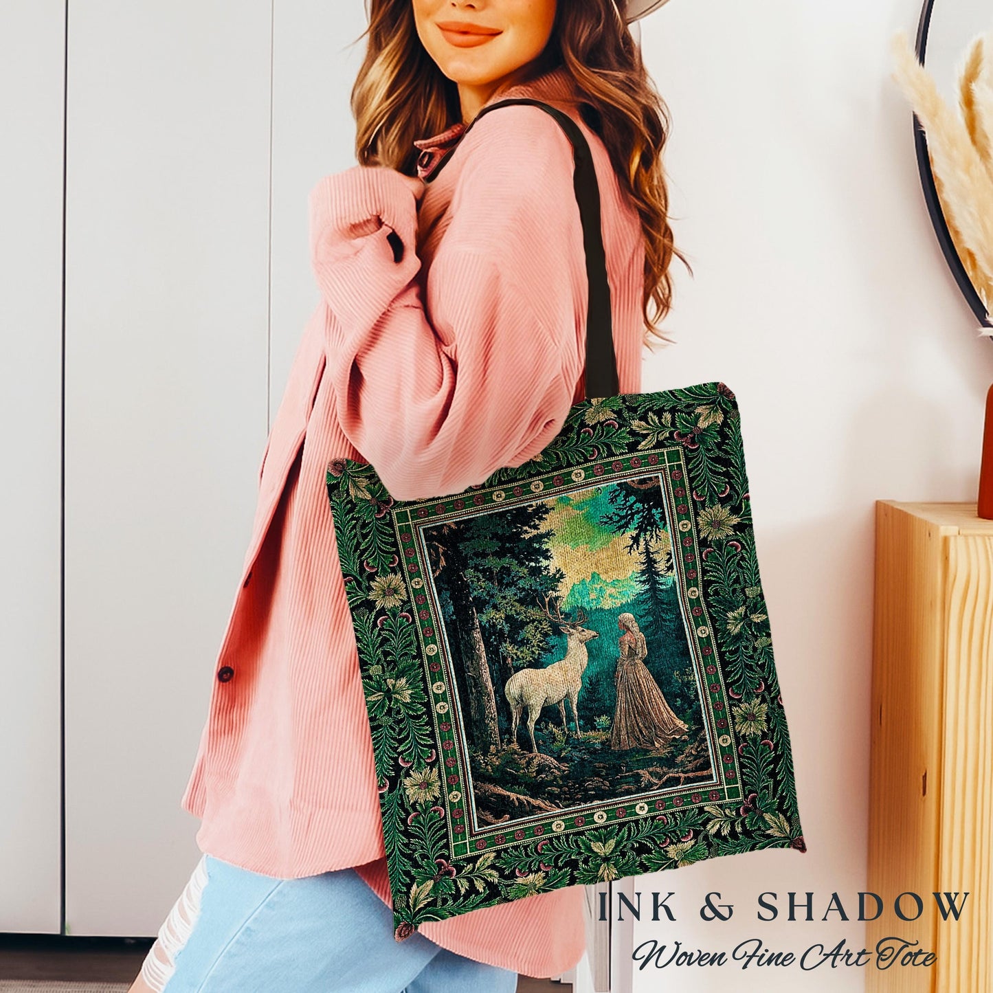 Faerie Realm Mystic Forest Tapestry Bag | Enchanted Gothic Landscape Dark Academia Nature Spirits Woven Tote Renaissance Magical Deer Art |