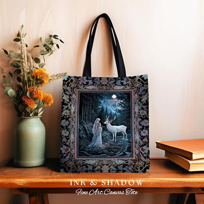 Midnight Magic Moonlit Fantasy Tote | Forest Goddess Spirit Animal Fairycore Ethereal Deer Woven Everyday Bag Folklore Inspired Nature |