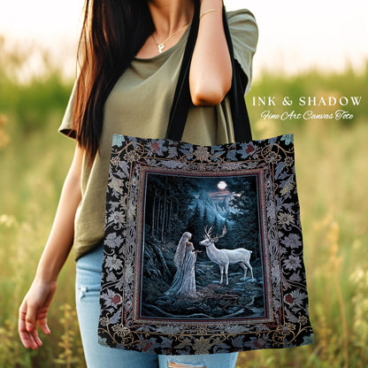 Midnight Magic Moonlit Fantasy Tote | Forest Goddess Spirit Animal Fairycore Ethereal Deer Woven Everyday Bag Folklore Inspired Nature |