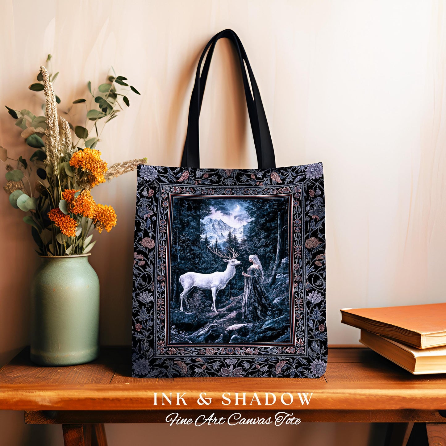 Goddess of the Woods Woven Tote Bag | Ethereal Forest Folklore Inspired Nature Botanical Cottagecore Everyday Bag Medieval Magic Romantic |