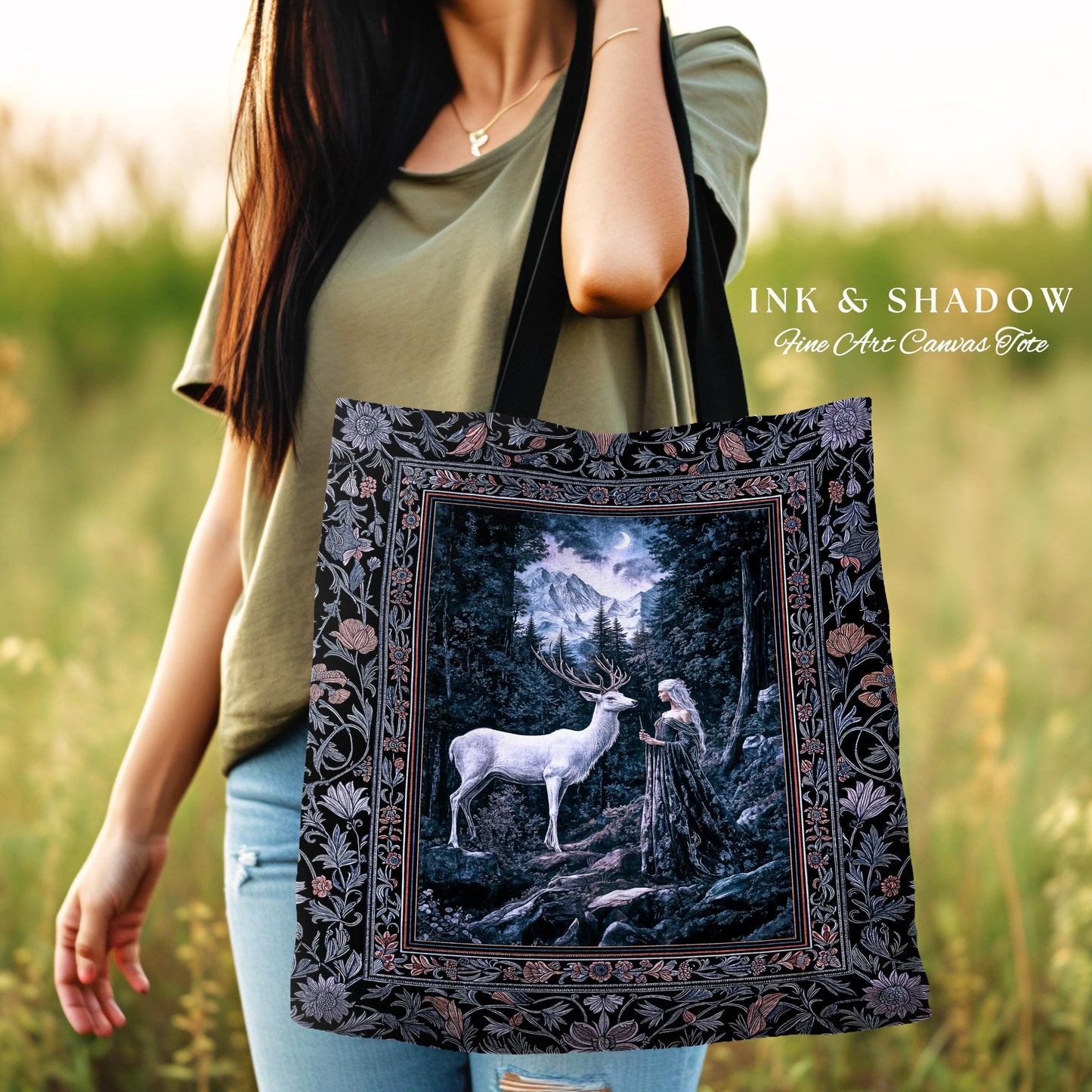 Goddess of the Woods Woven Tote Bag | Ethereal Forest Folklore Inspired Nature Botanical Cottagecore Everyday Bag Medieval Magic Romantic |