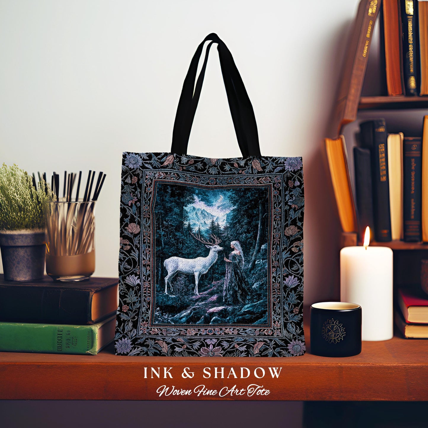 Goddess of the Woods Woven Tote Bag | Ethereal Forest Folklore Inspired Nature Botanical Cottagecore Everyday Bag Medieval Magic Romantic |