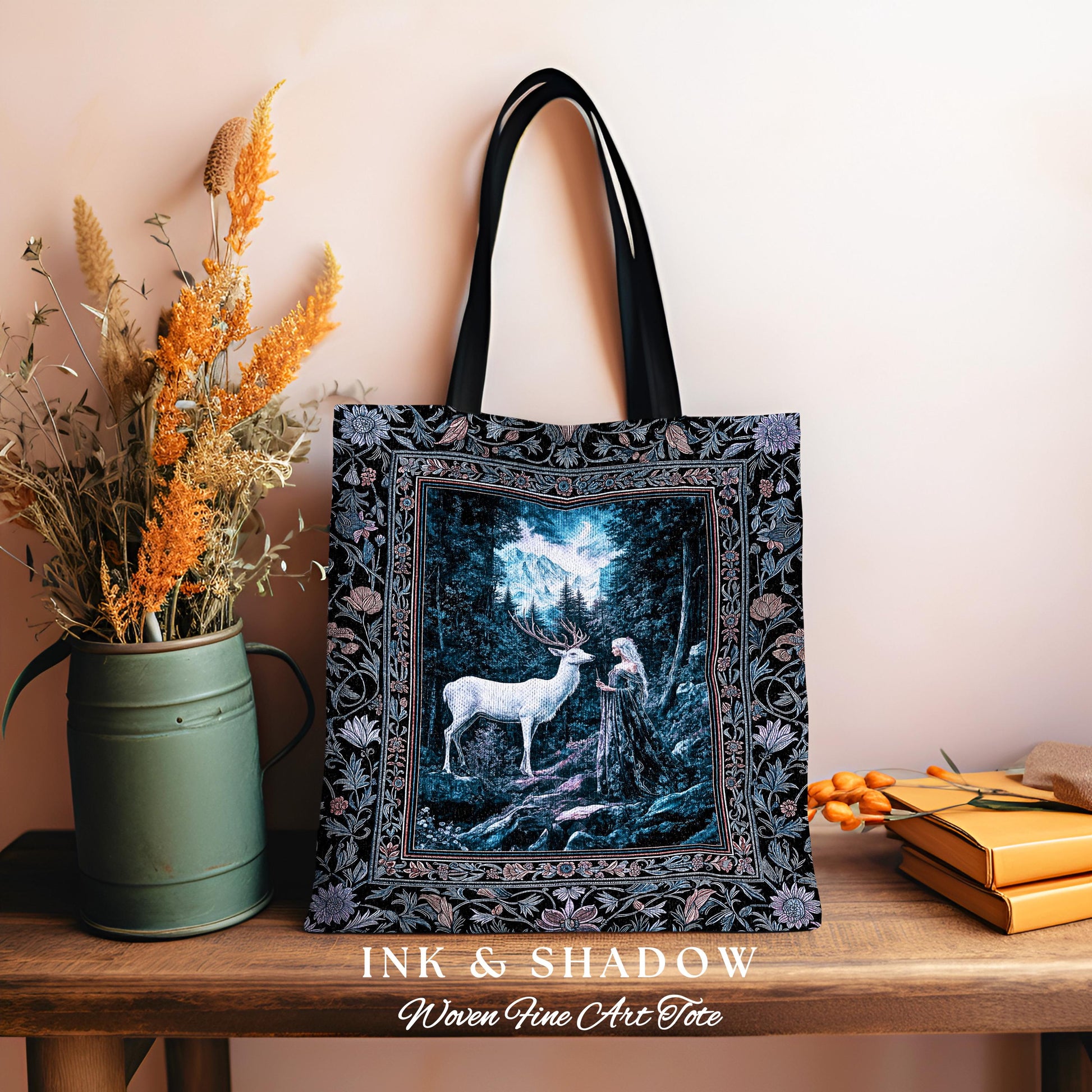 Goddess of the Woods Woven Tote Bag | Ethereal Forest Folklore Inspired Nature Botanical Cottagecore Everyday Bag Medieval Magic Romantic |