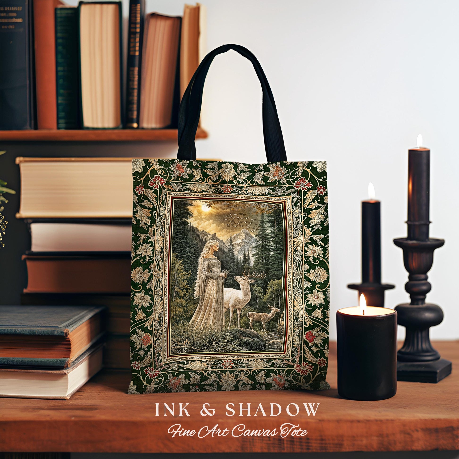 Enchanted Lands Medieval Tapestry Bag | Gothic Landscape Fantasy Tote Woven Witchy Art Dark Fairycore Romantic Victorian Gothic Fairytale |