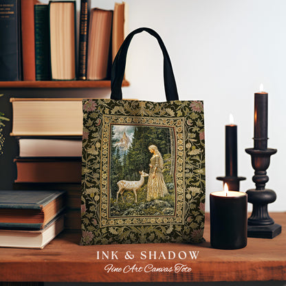 Whimsy Woodland Goddess Tote | Elegant Fairytale Tapestry Woven Shoulder Bag Victorian Botanical Princess Mystic Deer Forest Spirit Art