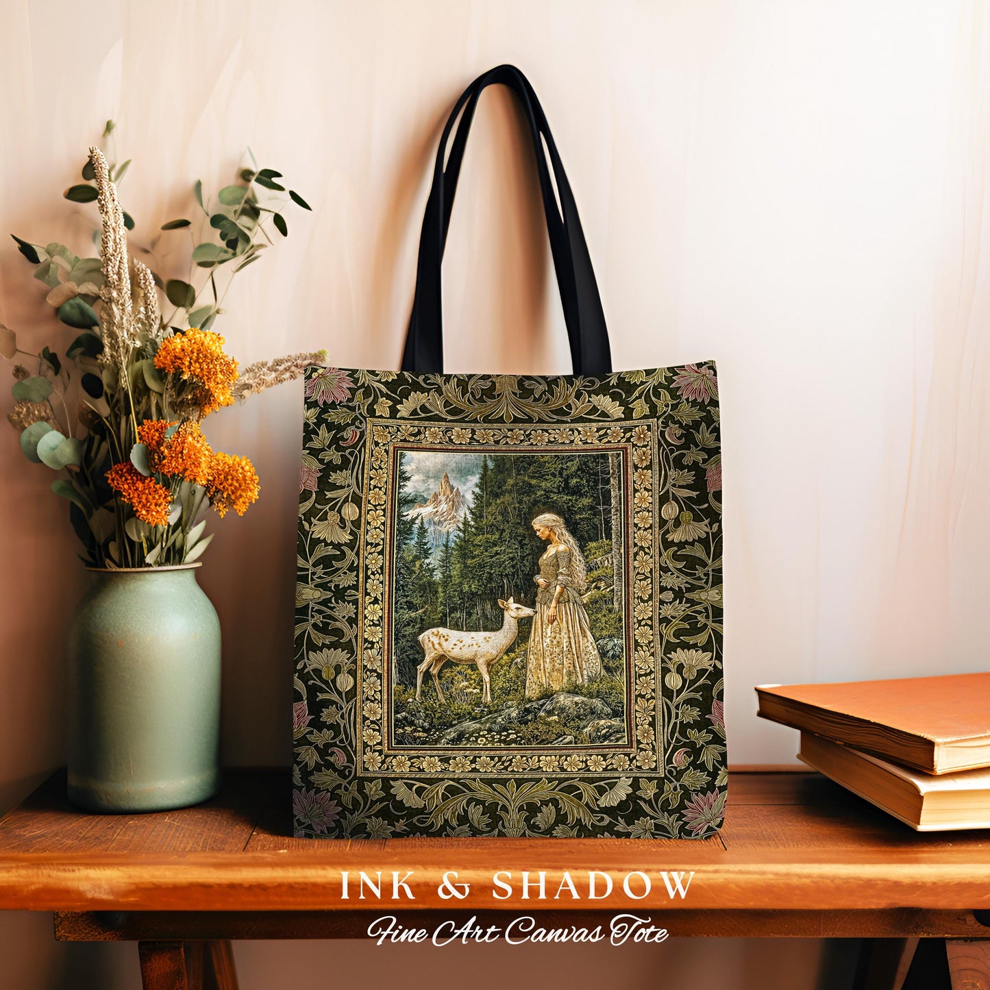 Whimsy Woodland Goddess Tote | Elegant Fairytale Tapestry Woven Shoulder Bag Victorian Botanical Princess Mystic Deer Forest Spirit Art