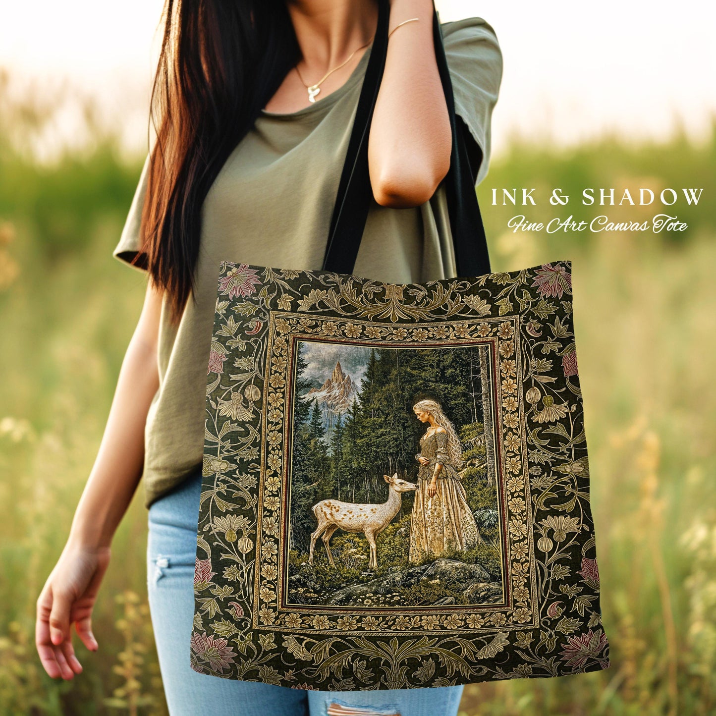 Whimsy Woodland Goddess Tote | Elegant Fairytale Tapestry Woven Shoulder Bag Victorian Botanical Princess Mystic Deer Forest Spirit Art