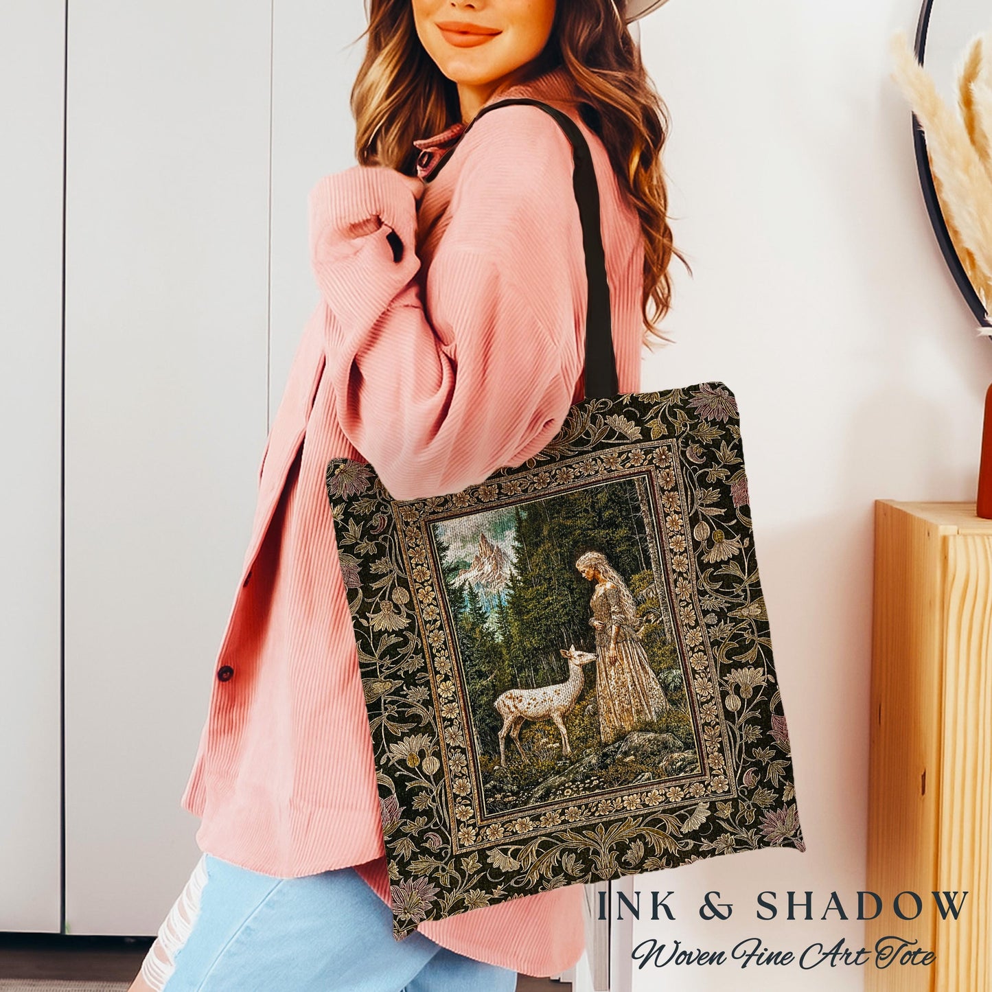 Whimsy Woodland Goddess Tote | Elegant Fairytale Tapestry Woven Shoulder Bag Victorian Botanical Princess Mystic Deer Forest Spirit Art