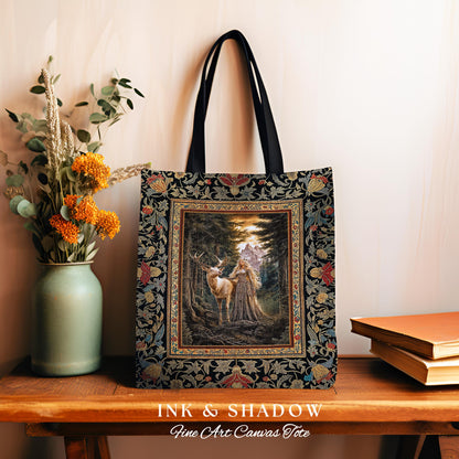 Enchanted Woods Fairytale Woven Tote | Dark Cottagecore Whimsical Royal Gothic Folklore Inspired Woodland Deer Magic Landscape Tapestry Bag