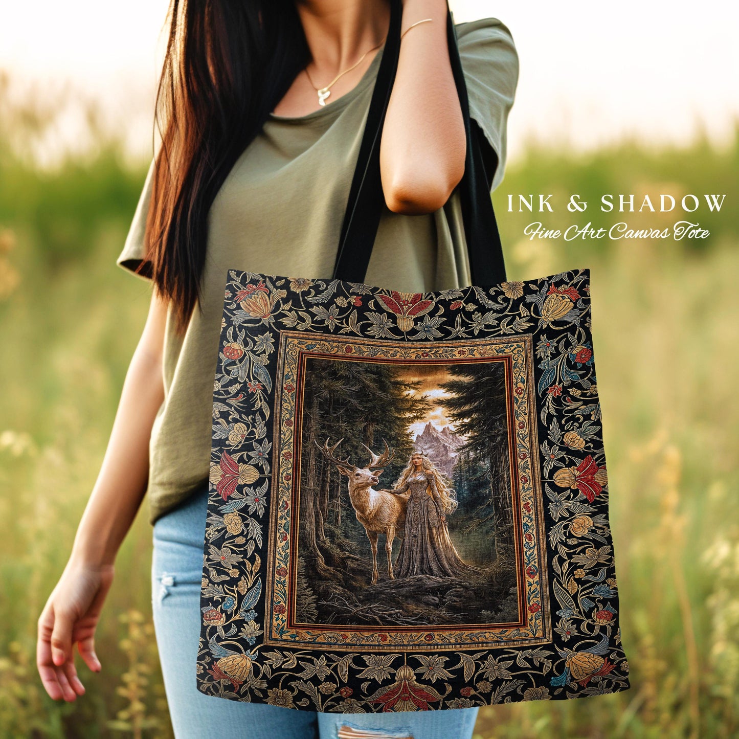 Enchanted Woods Fairytale Woven Tote | Dark Cottagecore Whimsical Royal Gothic Folklore Inspired Woodland Deer Magic Landscape Tapestry Bag