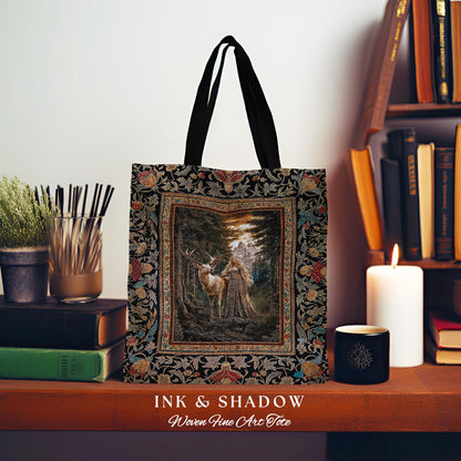 Enchanted Woods Fairytale Woven Tote | Dark Cottagecore Whimsical Royal Gothic Folklore Inspired Woodland Deer Magic Landscape Tapestry Bag