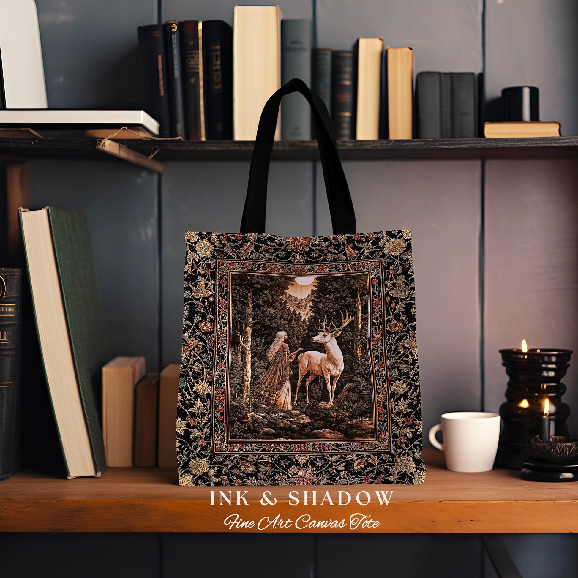 Gothic Woodland Fantasy Tote Bag | Folklore inspired Nature Landscape Tapestry Bag Fantasy Aesthetic Woven Victorian Dark Academia Book Bag